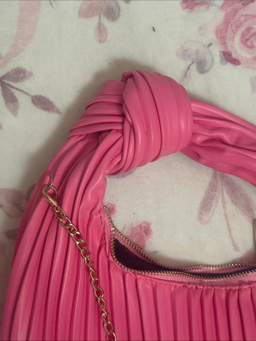 Hot Pink Pleated Shoulder Bag with Gold Chain Strap